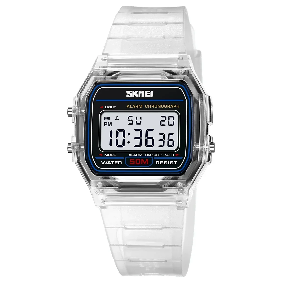 Reloj Digital Con Cronómetro Retroiluminado A Prueba De Golpes (blanco) Con Correa De Tpu Transparente.
