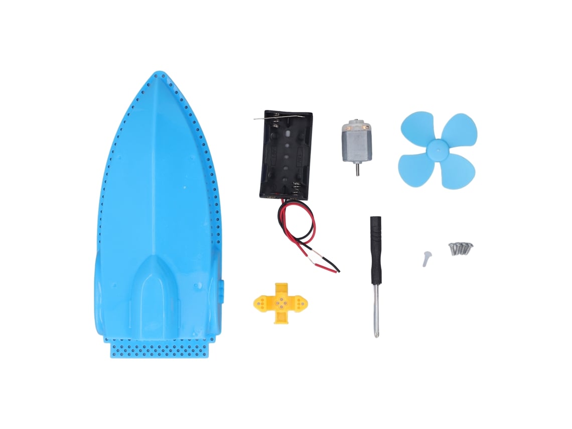 Barco elétrico de brinquedo faça você mesmo com hélice para projetos escolares científicos infantis. Barco aerodinâmico.