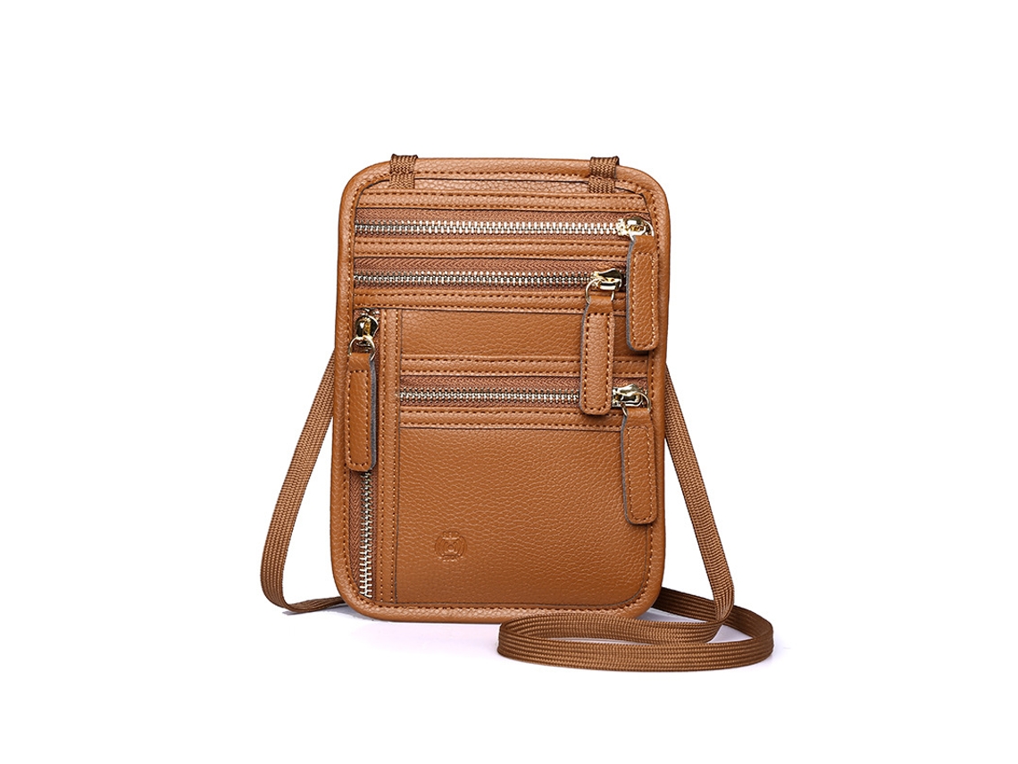 Cartera de cuello con protección RFID, fabricada en piel sintética. Color marrón.