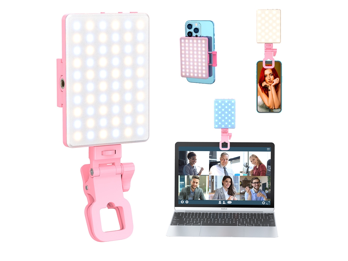 Luz para selfies Chrui de 60 LED con clip frontal y trasero, recargable, con 3 modos de iluminación (rosa)