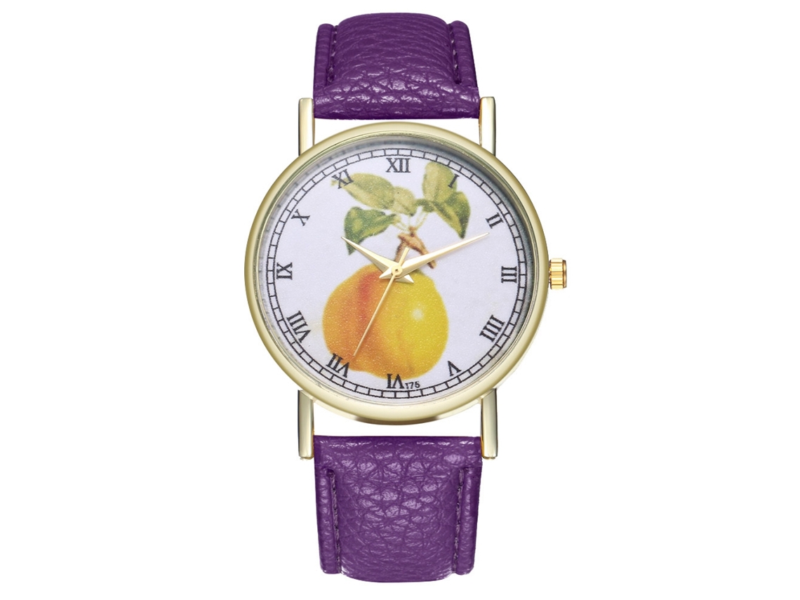 Reloj De Pulsera Unisex De Moda Con Correa De Piel Sintética Y Esfera Morada Con Estampado De Frutas.
