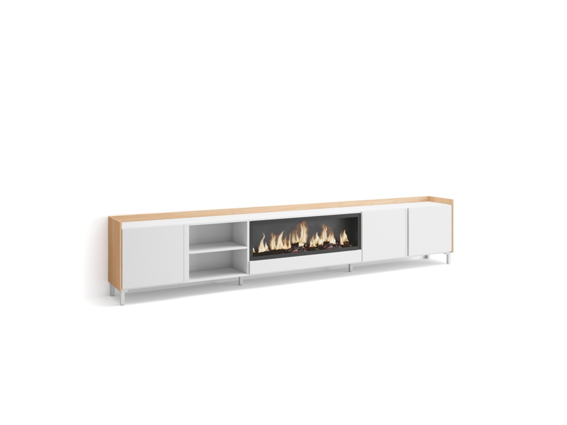 Mueble Tv, Televisión, 315x35x61cm, Para Tv Hasta 80", Chimenea Eléctrica Xxl, Diseño Industrial, Blanco Y Roble Soft