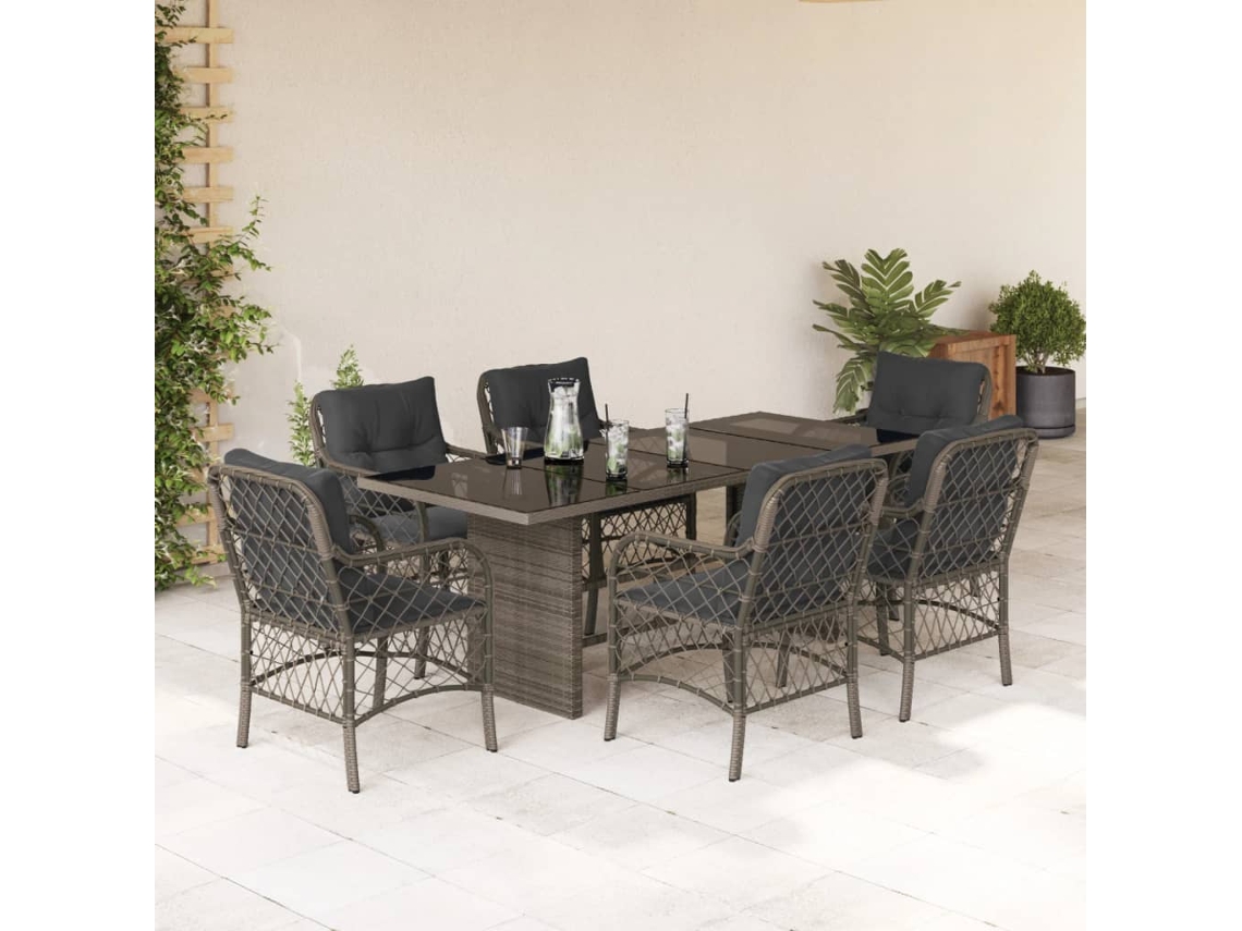 Juego de comedor de jardín de 7 piezas DKD Home Decor con cojines de mimbre gris