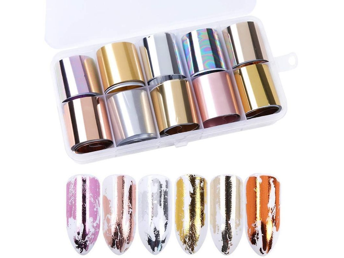 Kit De Calcomanías Metálicas Holográficas Para Uñas Con 10 Rollos, Pegatinas De Diseño Variado Para Manicura.