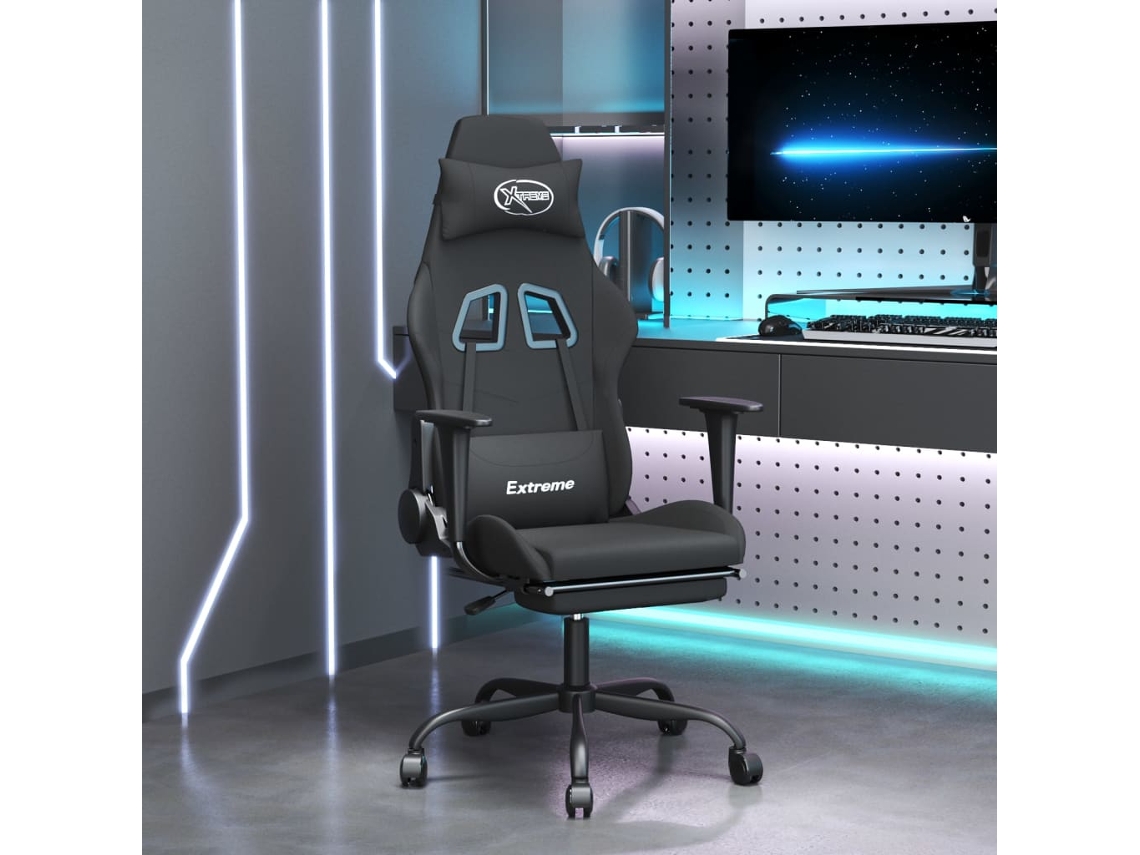 Silla gaming con reposapiés, tela negra.