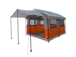 Tienda de campaña familiar para 4 personas con techo gris y naranja.