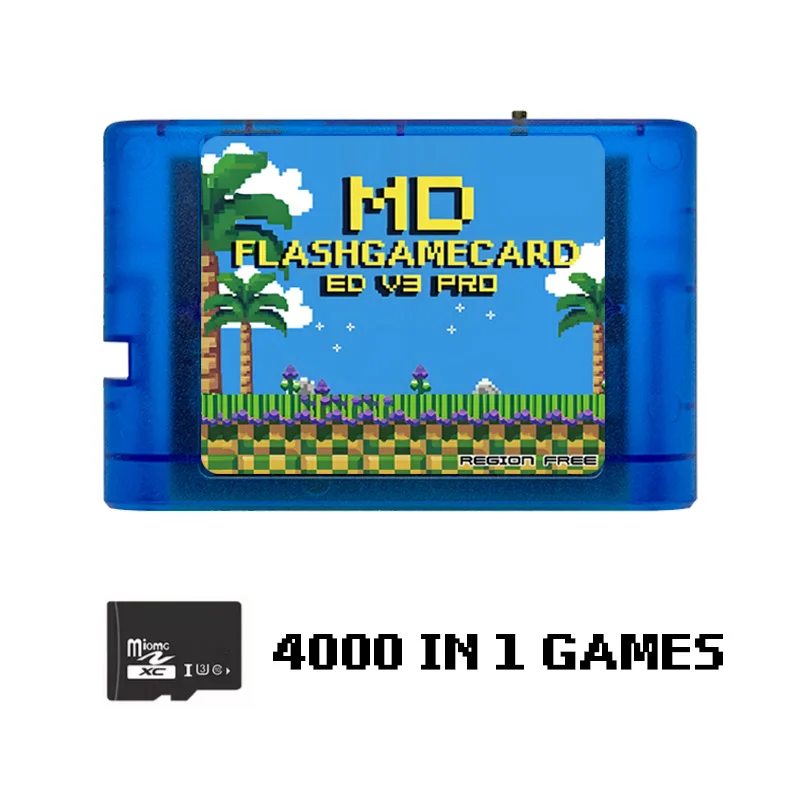 Cartucho de juego Mega Genesis MD V3 Pro 4000 en 1 con tarjeta TF de 4 GB, para Sega Genesis/Mega Drive/Master System, azul