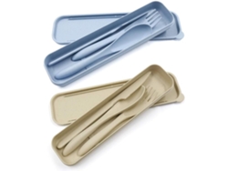 Paquete de 2 cubiertos portátiles reutilizables de paja de trigo, cuchara, tenedor, vajilla para viajes, picnic, camping, estudiantes, uso diario (beige, azul) UISAVE