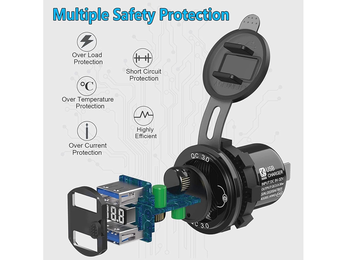 Cargador De Coche 4x Charge 3.0 Dual Usb 12v, Enchufe De Aluminio Con Botón De Conmutación Y