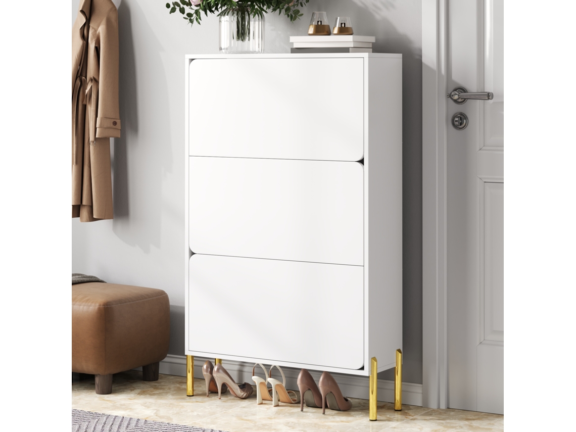 Zapatero Moderno 3 Puertas - Gran Capacidad, Patas Doradas, Estilo Práctico - Blanco