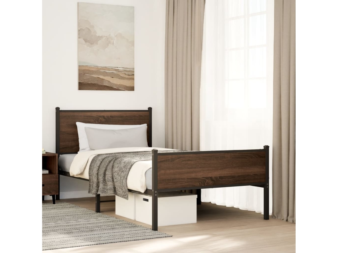 Estructura De Cama Sin Colchón Metal Marrón Roble 107x203 Cm