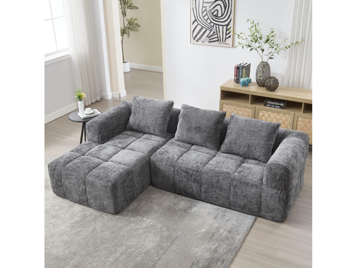 Sofá esquinero modular de 3 plazas, tejido chenilla, chaise longue, no requiere montaje, 3 cojines, bolsillo para mando a distancia, color gris.