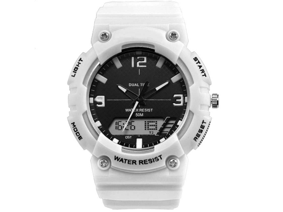 Reloj deportivo multifuncional de esfera redonda, analógico-digital electrónico, blanco para hombre.