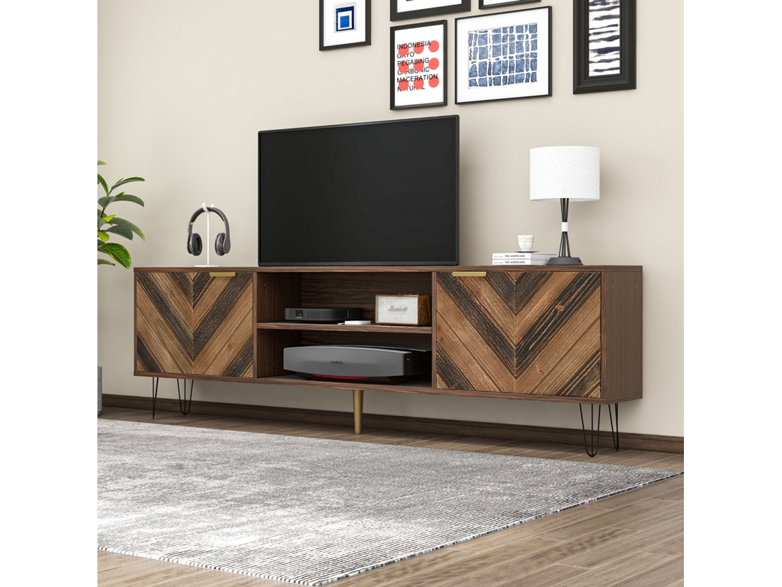 Mueble de TV de 160 cm con 2 compartimentos y 2 puertas en madera maciza marrón, Mobrio