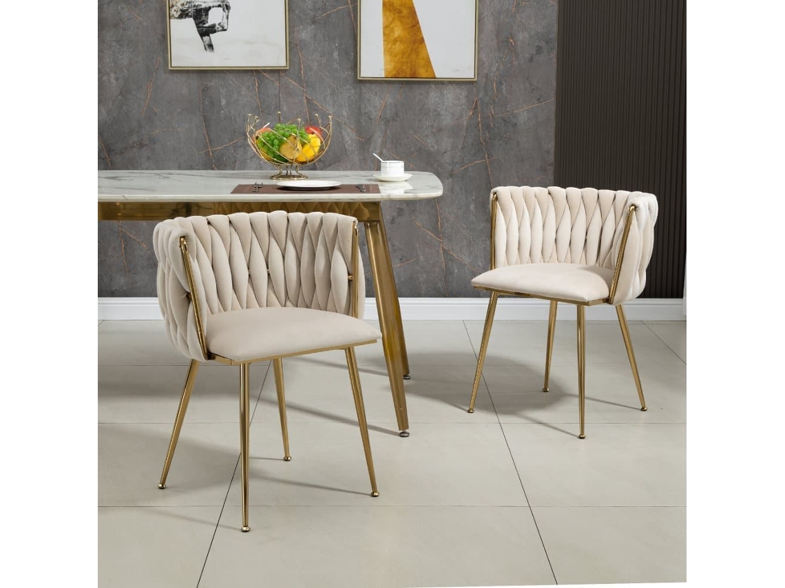 Silla Comedor Terciopelo 2 Piezas - Diseño Tejido A Mano, Patas Metálicas Doradas - Marfil