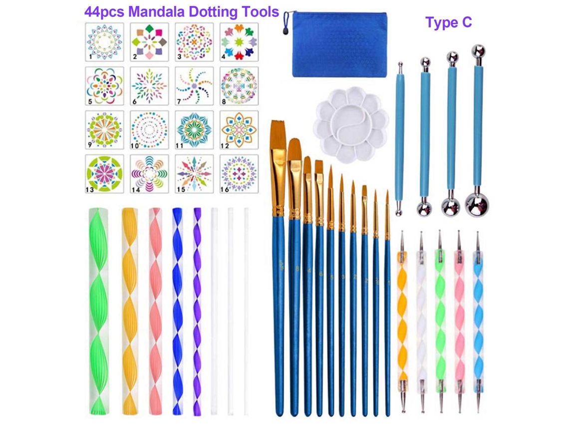 Kit De Herramientas Mandala De 44 Piezas Con Plantillas, Pinceles Y Paleta Para Pintar Sobre Piedras Y Lienzos.