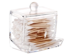 Recipiente transparente con tapa para guardar bastoncillos de algodón, ideal para el baño y los viajes.