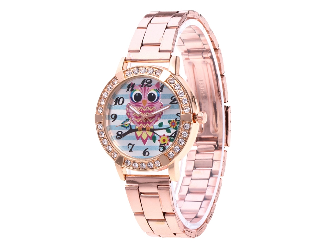 Reloj Analógico De Cuarzo Con Brazalete De Acero Y Esfera Con Diamantes De Imitación En Forma De Búho (oro Rosa)