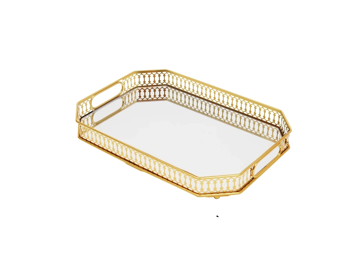 Bandeja decorativa, fabricada en hierro y vidrio, dimensiones 35*25*5 cm, apta para encimeras, de uso múltiple y fácil mantenimiento.