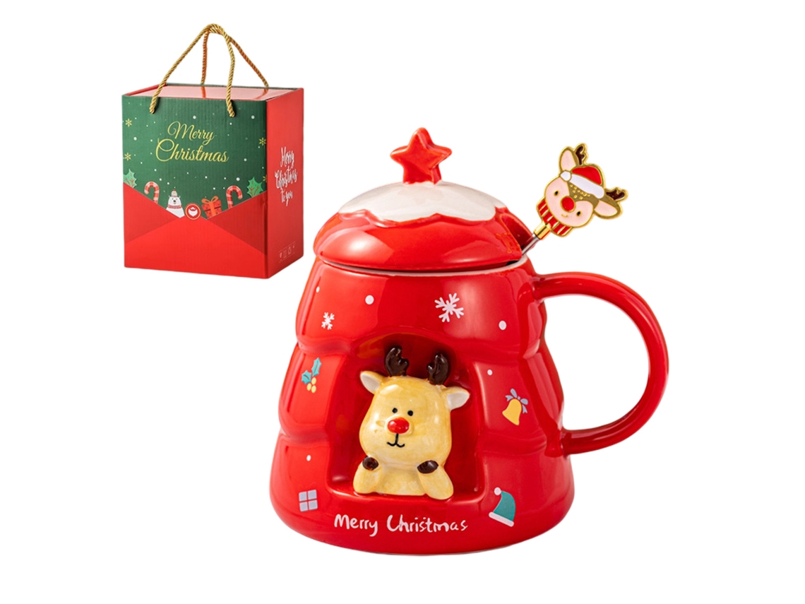KOFIHETY Taza Creativa de Navidad de Alto Color Vaso de Cerámica con Tapa y Cuchara Regalo Práctico en Caja de Regalo