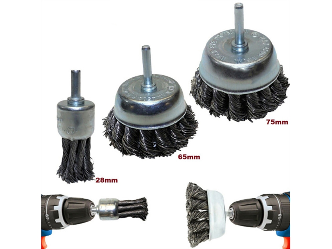 Set De Cepillos De Alambre Para Taladro 3 Piezas Acero Carbono Limpieza Desbarbado Pulido Quitarrustre
