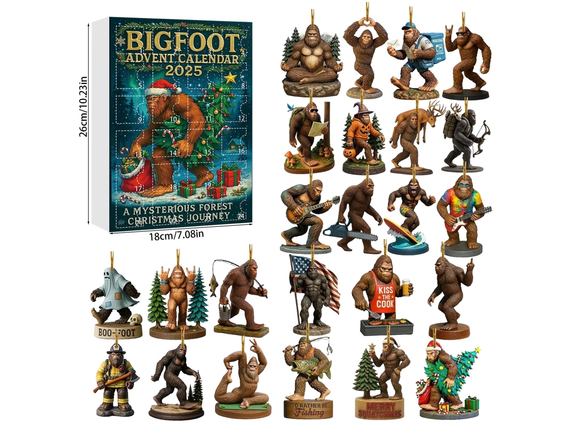 Se acerca la Navidad 2025, Calendario Bigfoot con Caja Sorpresa, Colgantes Acrílicos para Árbol de Navidad de Viajes de Aventura