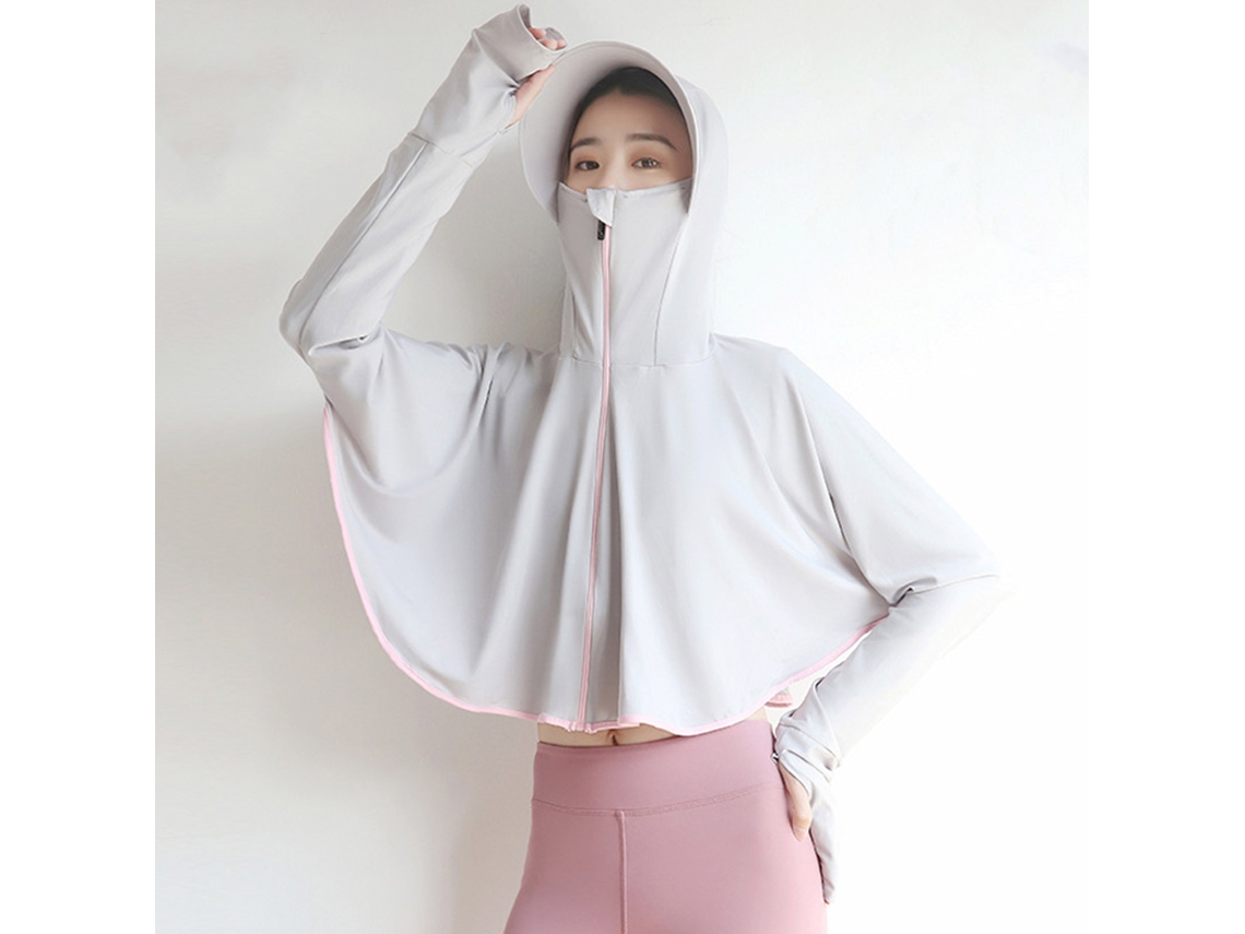 Chaqueta Con Capucha Para Mujer De Seda Fresca Gris Con Protección Solar, Máscara Y Orificio Para El Pulgar.