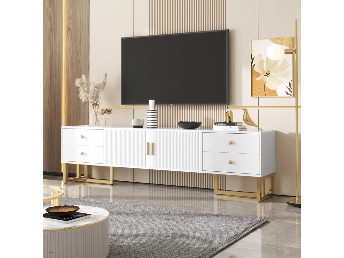 Mueble Para Tv De 175x30x46cm, Panel Inferior Con Puerta Texturizada, Cajones, Tiradores Dorados Y Patas Doradas, Color Blanco.