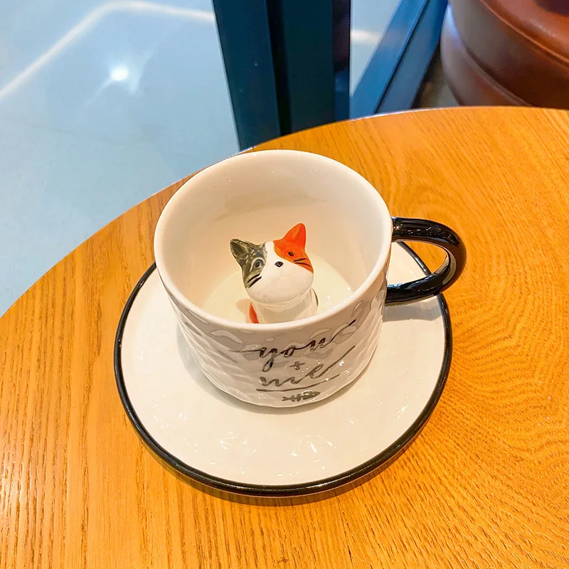 Taza de cerámica con forma de gato, taza ecológica 3D para café, incluye base, capacidad de 220 ml. Mdug (gris rojizo).