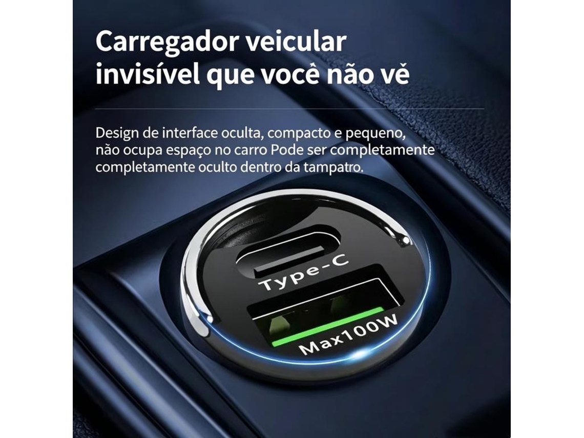Cargador Coche Mini Oculto 100w Usb+pd30w, Doble Salida Carga Rápida Multiprotocolo Entrada Dc12-24v