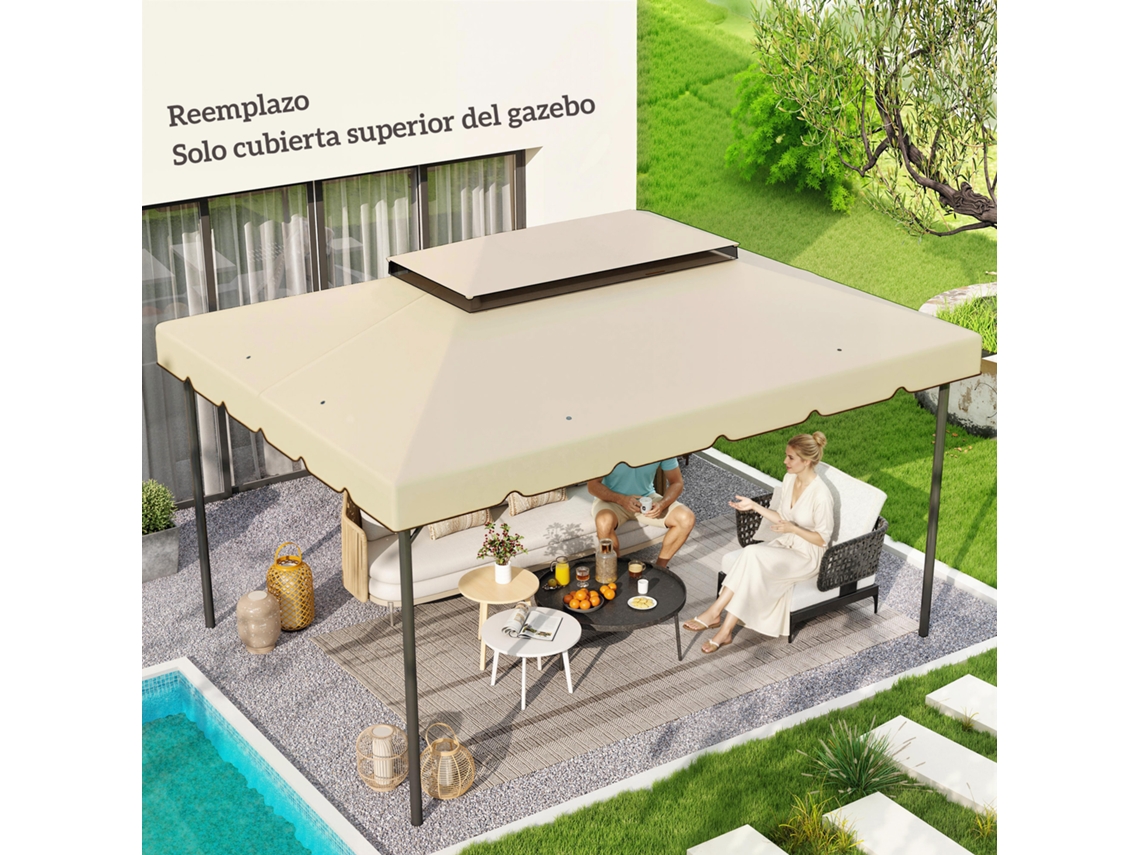 Toldo De Substituição Para Gazebo 4x3m Com Teto Duplo E Orifícios De Drenagem. Somente O Toldo, Estrutura Não Incluída. Cor Bege.