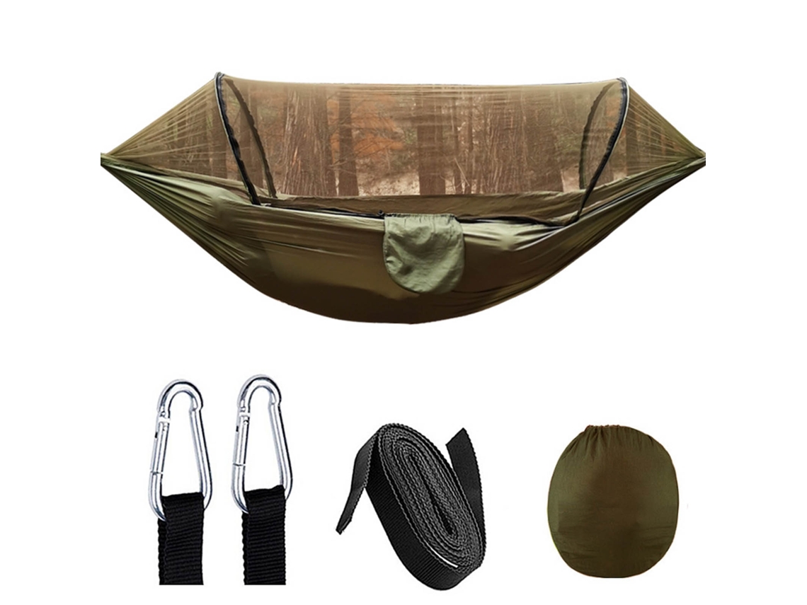 Hamaca De Camping Con Mosquitera, Tafetán De Nailon 210t, Apertura Rápida Automática Para Uso Exterior, 260 X 140 Cm, Color Verde Oliva.