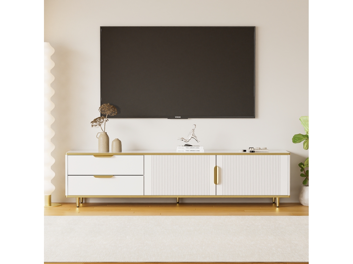 Mueble Tv Bajo Textura Tallada Tiradores Dorados Mármol Salón