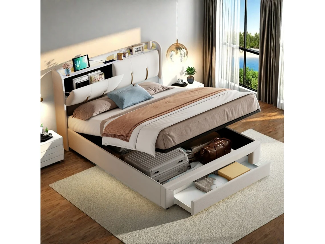 Cama Doble De 160x200 Cm Con Compartimento De Almacenamiento Hidráulico, Cabecero De Terciopelo Beige, Led, Puertos Usb Y Enchufes Europeos
