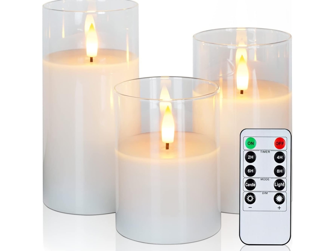 Velas LED sin llama con control remoto, juego de 3, a pilas, ideales para bodas y decoración navideña (blancas)