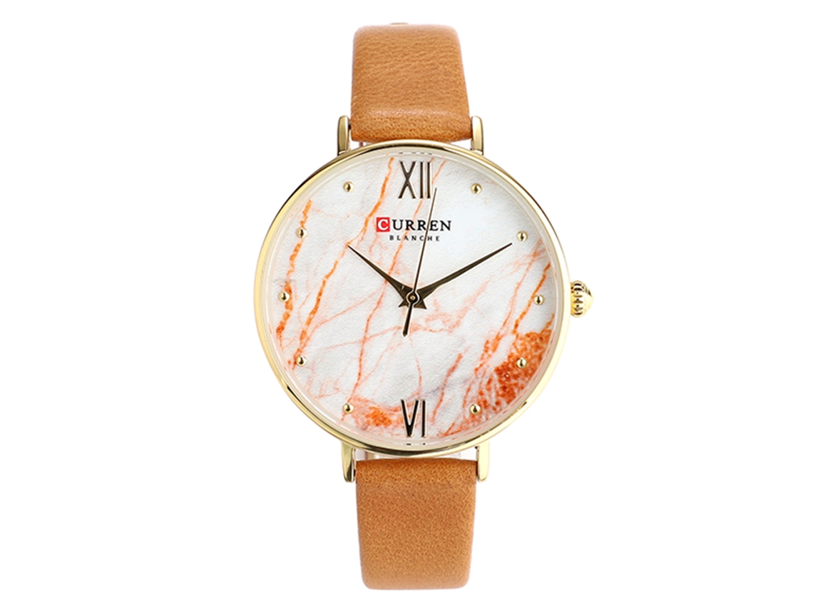Reloj Analógico De Cuarzo Para Mujer Con Correa De Cuero Y Caja De Oro Naranja.