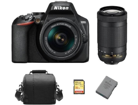 Kit Cámara Réflex NIKON D3500 AF-P 18-55mm F3.5-5.6G VR + AF-P DX 70-300MM F4.5-6.3G ED VR DX + Tarjeta SD de 32GB + Funda de cámara + bateria EN-E...