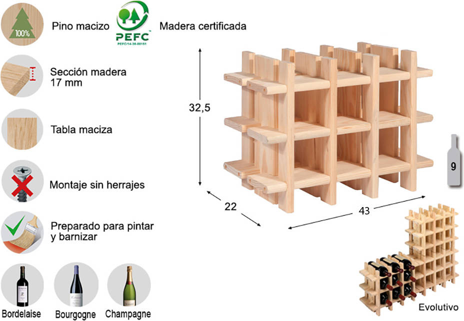 Botella Evolutiva de Rioja para 9 Botellas Pino Masivo ASTIGARRAGA