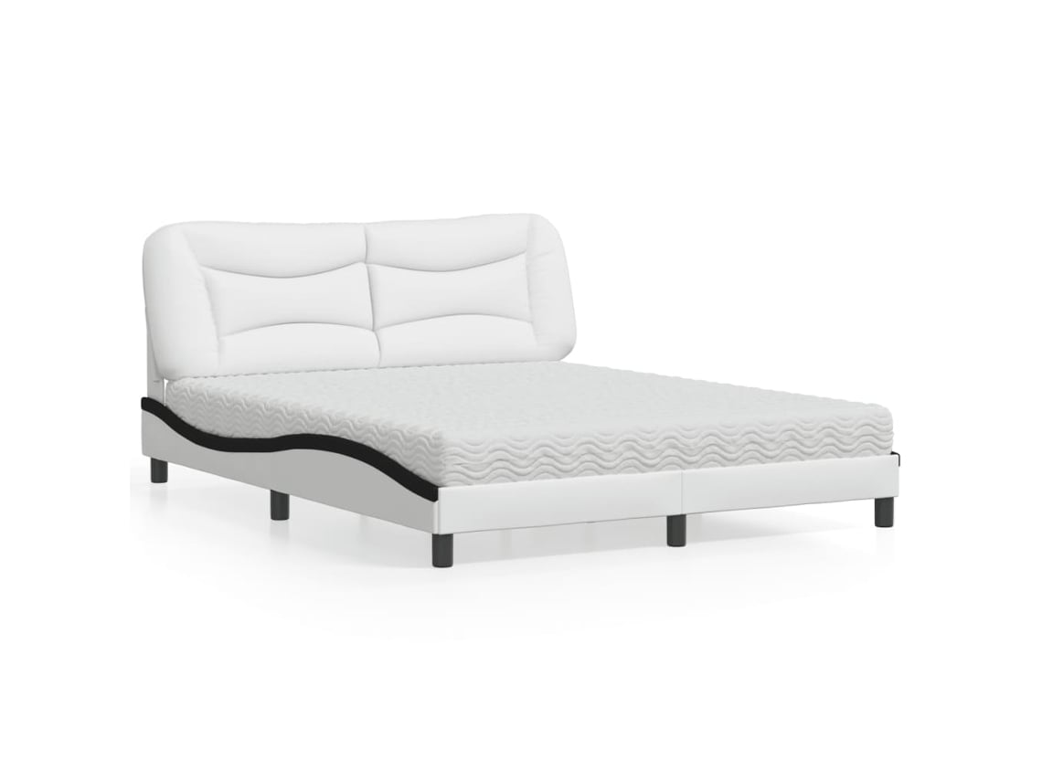 Cama Con Colchón Cuero Sintético Blanco Y Negro 160x200 Cm