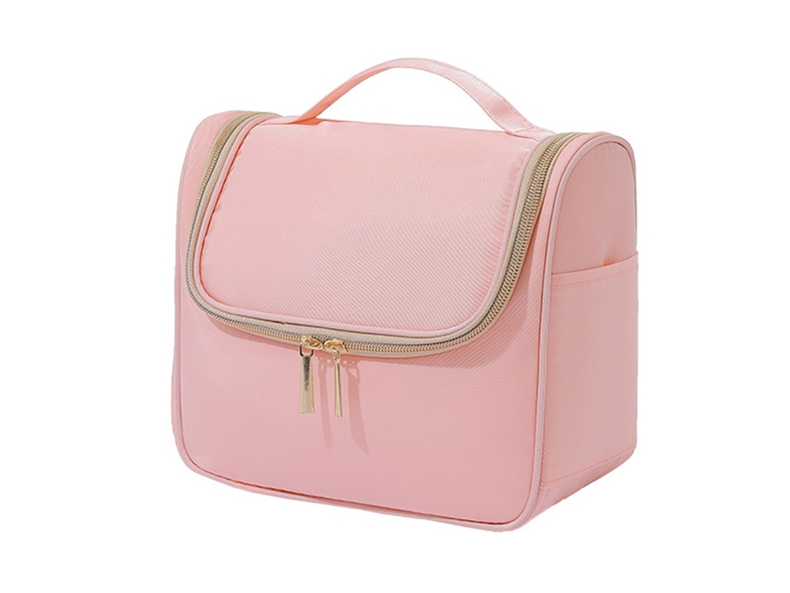 Bolsa de viaje multifuncional para ropa con gancho, neceser sencillo de gran capacidad, color rosa claro.
