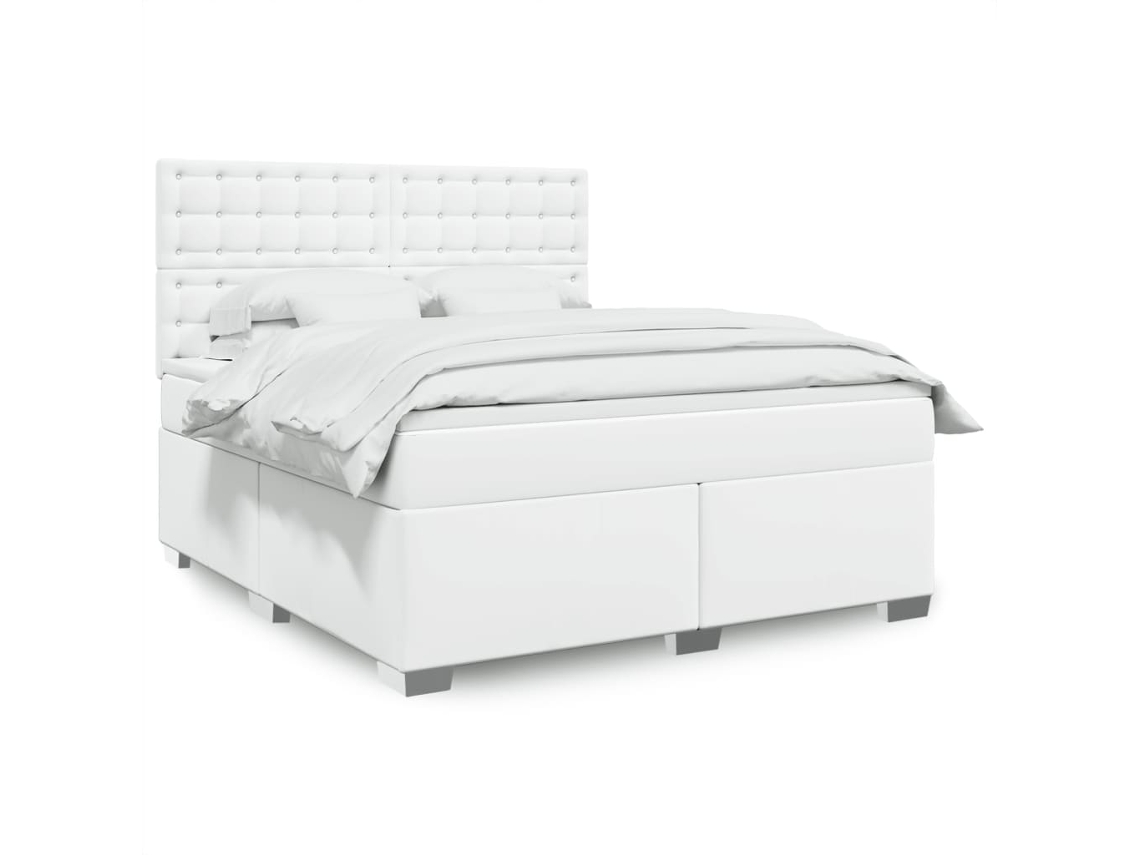 Cama Box Spring Con Colchón Cuero Sintético Blanco 180x200 Cm
