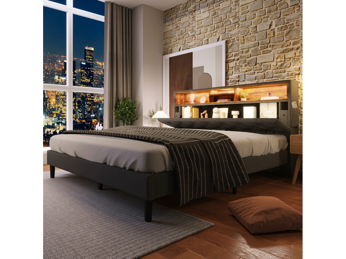 Cama De 140x200 Con Espacio De Almacenamiento, Cabecero Con Iluminación Led, Madera Gris, Colchón No Incluido.