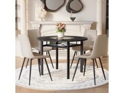 Conjunto De Comedor Redondo 100 Cm - 4 Sillas Gris Cálido Pu Con Asiento Cómodo - Negro/marrón