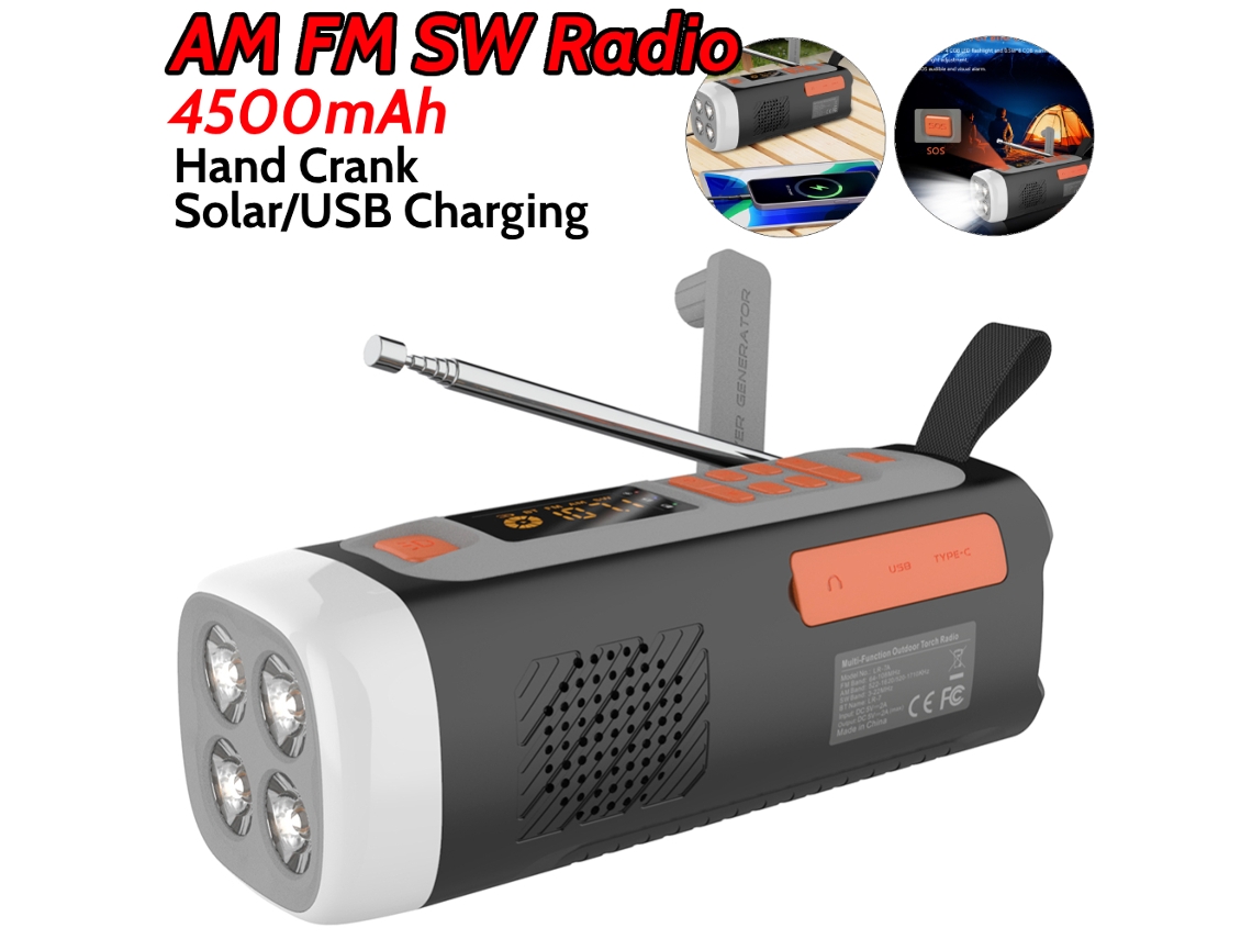 Radio portátil de emergencia Viewleaf de 4500 mAh AM/FM/SW con Bluetooth, carga USB-C, energía solar, manivela, linterna y alarma SOS para acampar.