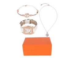 Conjunto De Reloj, Pulsera Y Collar De Cuarzo Con Diamantes De Imitación Para Mujer: Elegante E Hipoalergénico.