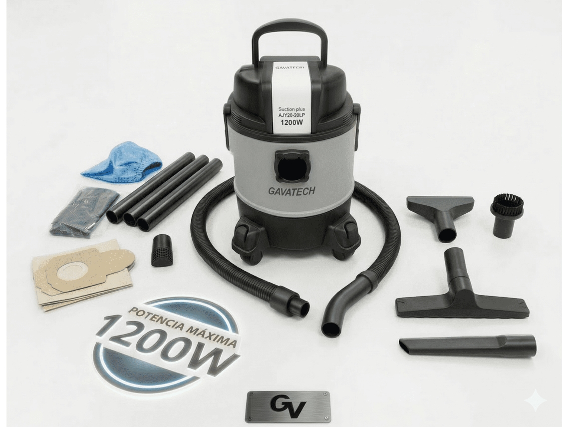 Aspirador De Seco Y Mojado De 20 Litros Gavatech, 1200w Con Cuerpo De Polímero Reforzado, Cable De 3m, Ligero Y Resistente