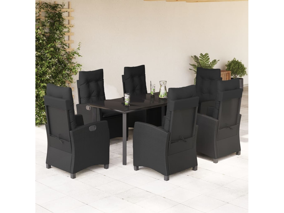 Juego de comedor de jardín de 7 piezas con cojines, mimbre sintético negro, DKD Home Decor