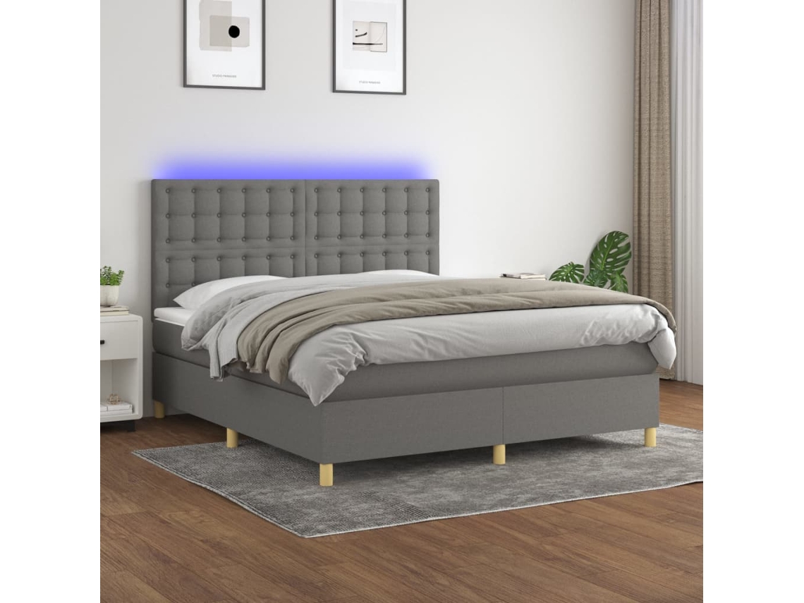 Cama Box Spring Colchón Y Luces Led Tela Gris Oscuro 160x200 Cm