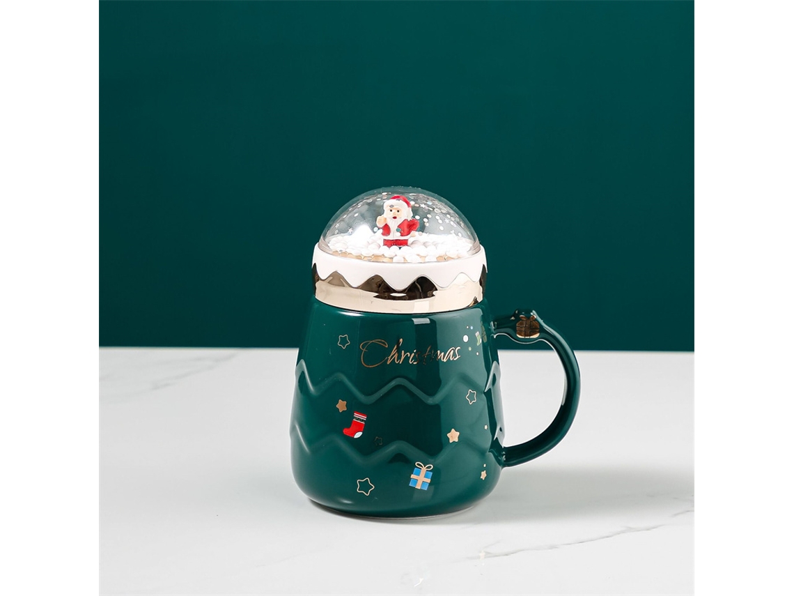 Taza De Cerámica Navideña (verde), Decorada Con Estampado De Papá Noel Y Tapa Creativa.