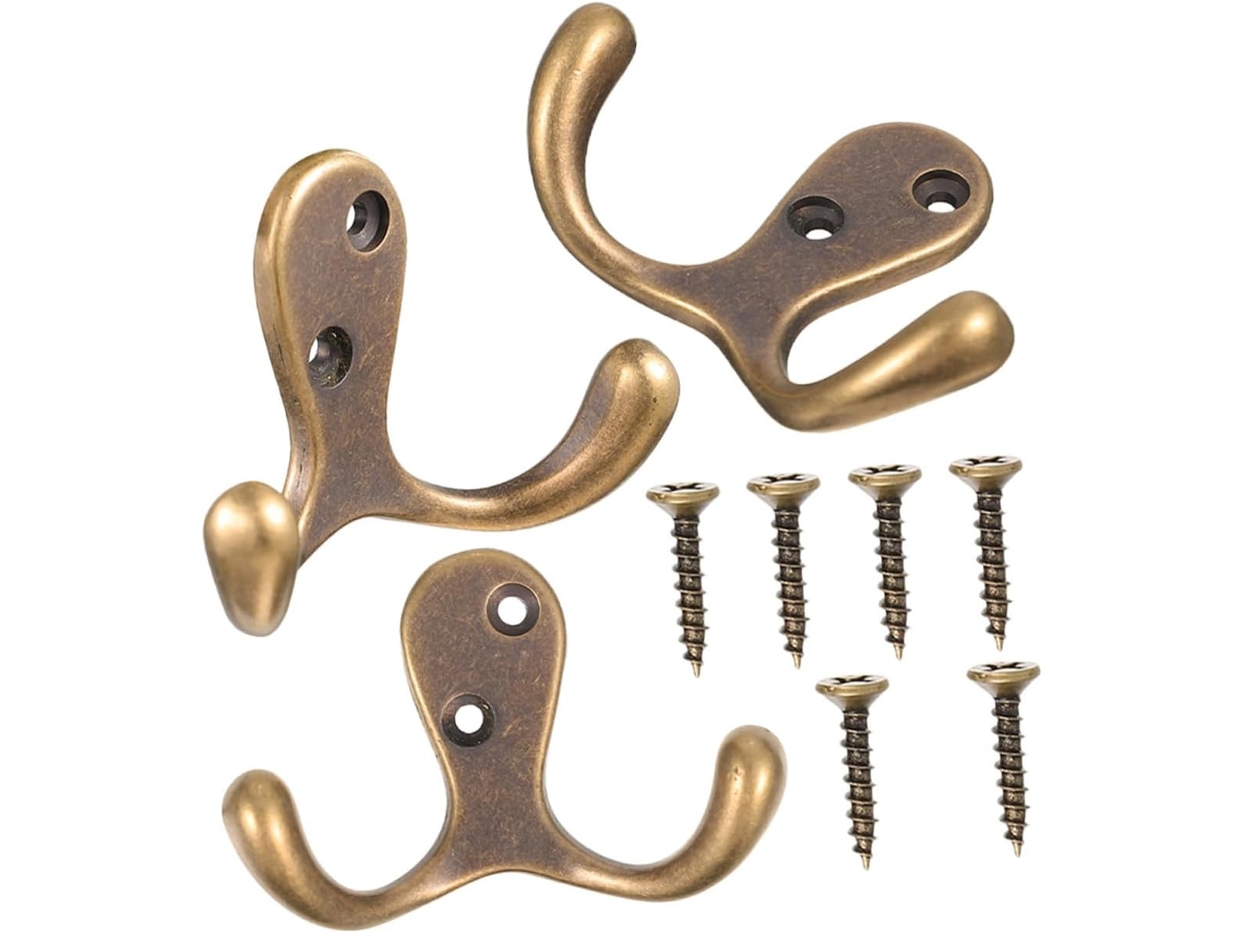 Juego de 3 ganchos de pared de cobre con doble función, duraderos y con acabado en bronce.